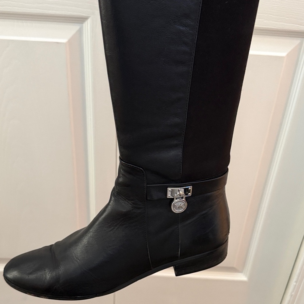 Michael Kors Black Knee-High Leather Riding Boots with Silver Hardware - Picture 6 of 6
